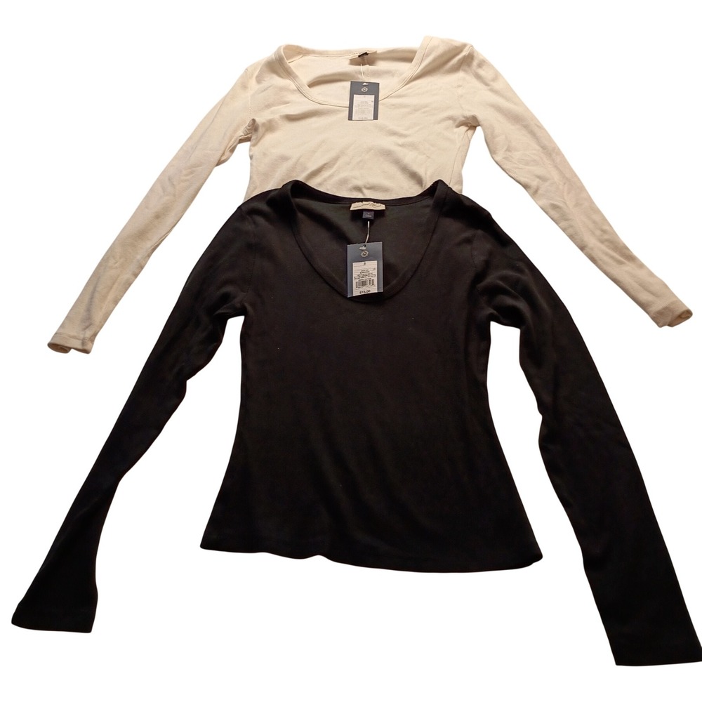 Universal Thread Ribbed Scoop Neck Women's Top Long Sleeve Black Cream Size S